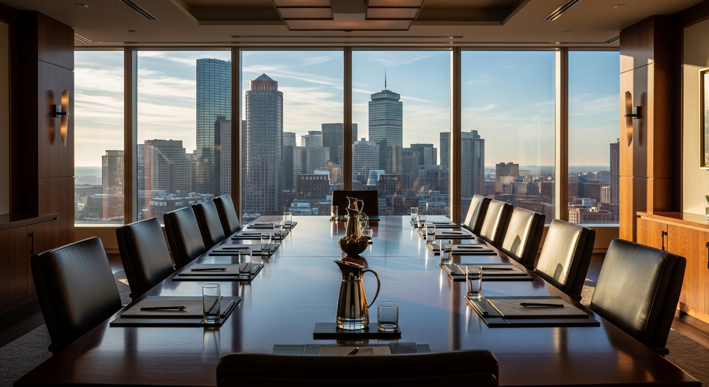 Boston financial district skyline seen from a premium boardroom
